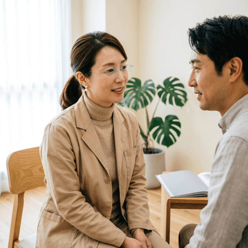 A dentist in warm beige attire having a calm conversation with a patient in a bright consultation room