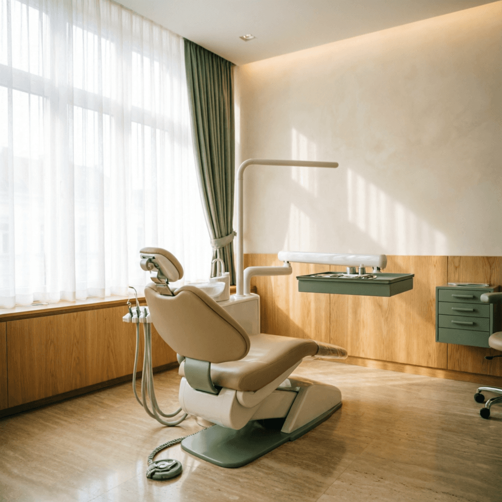 Bright modern treatment room at Lumen Dental Vienna with natural light and sage accents