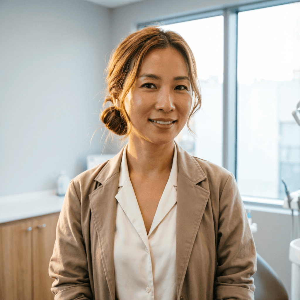 Portrait of Dr. Elena Weiss, dentist and founder of Lumen Dental, in a bright modern clinic