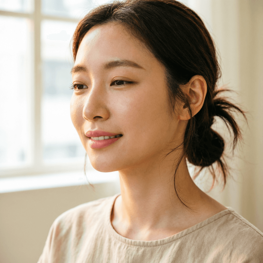 Close-up of a natural, relaxed subtle smile in soft window light