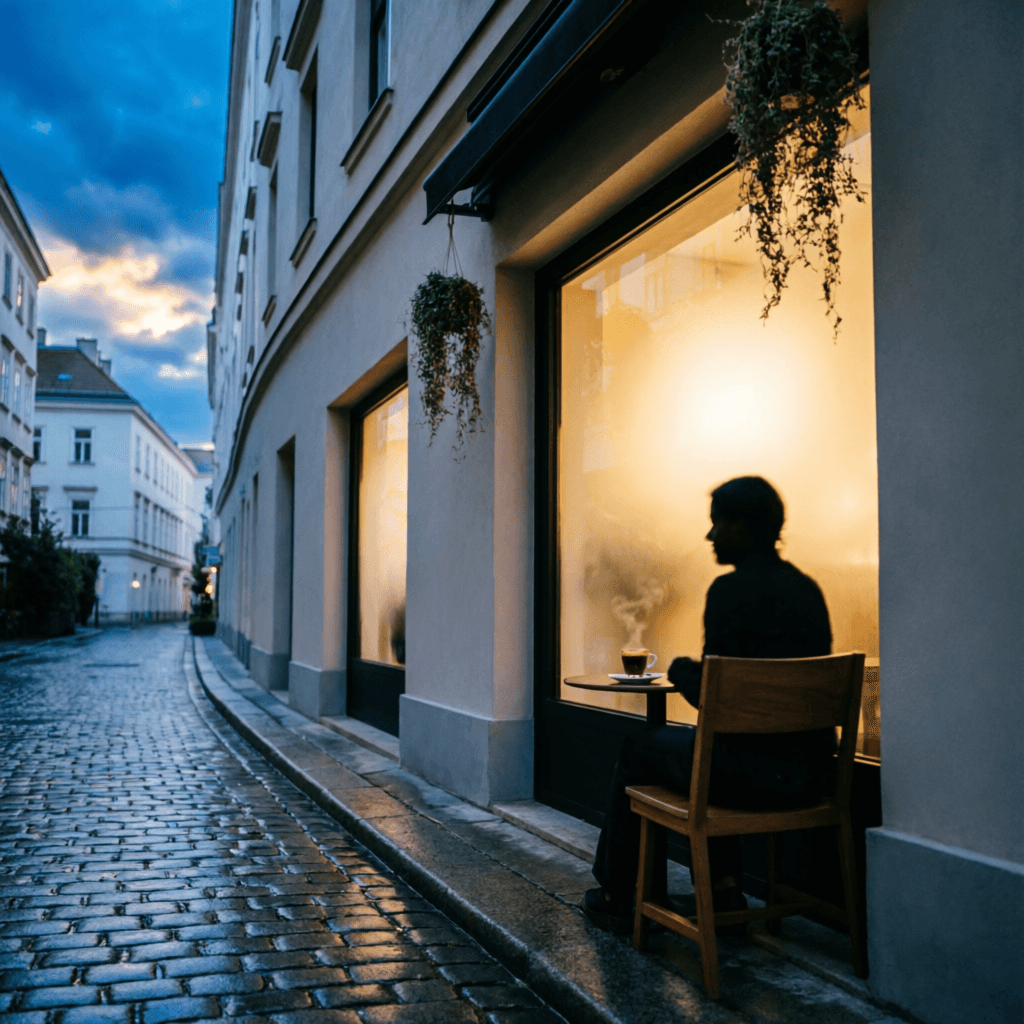 The café glowing at dusk on a cobblestone Vienna lane