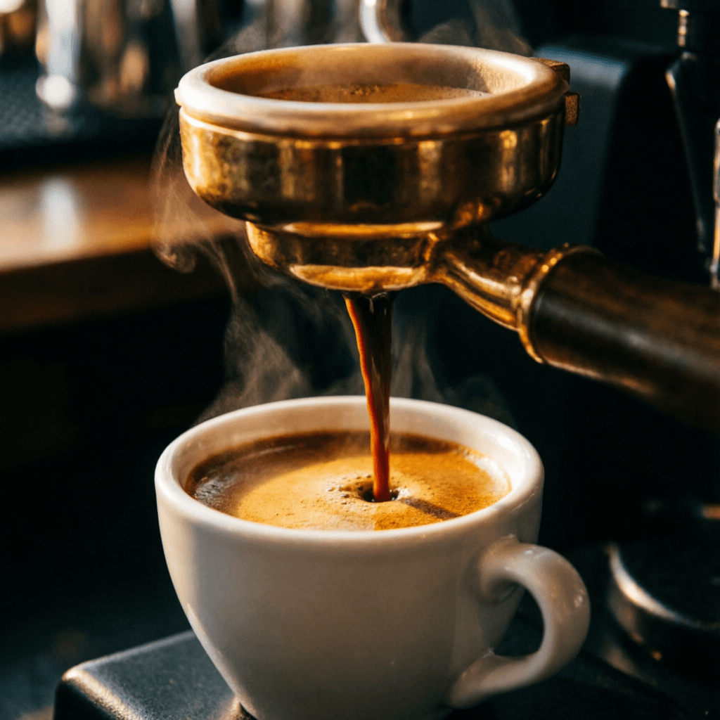 Espresso extracting from a brass portafilter