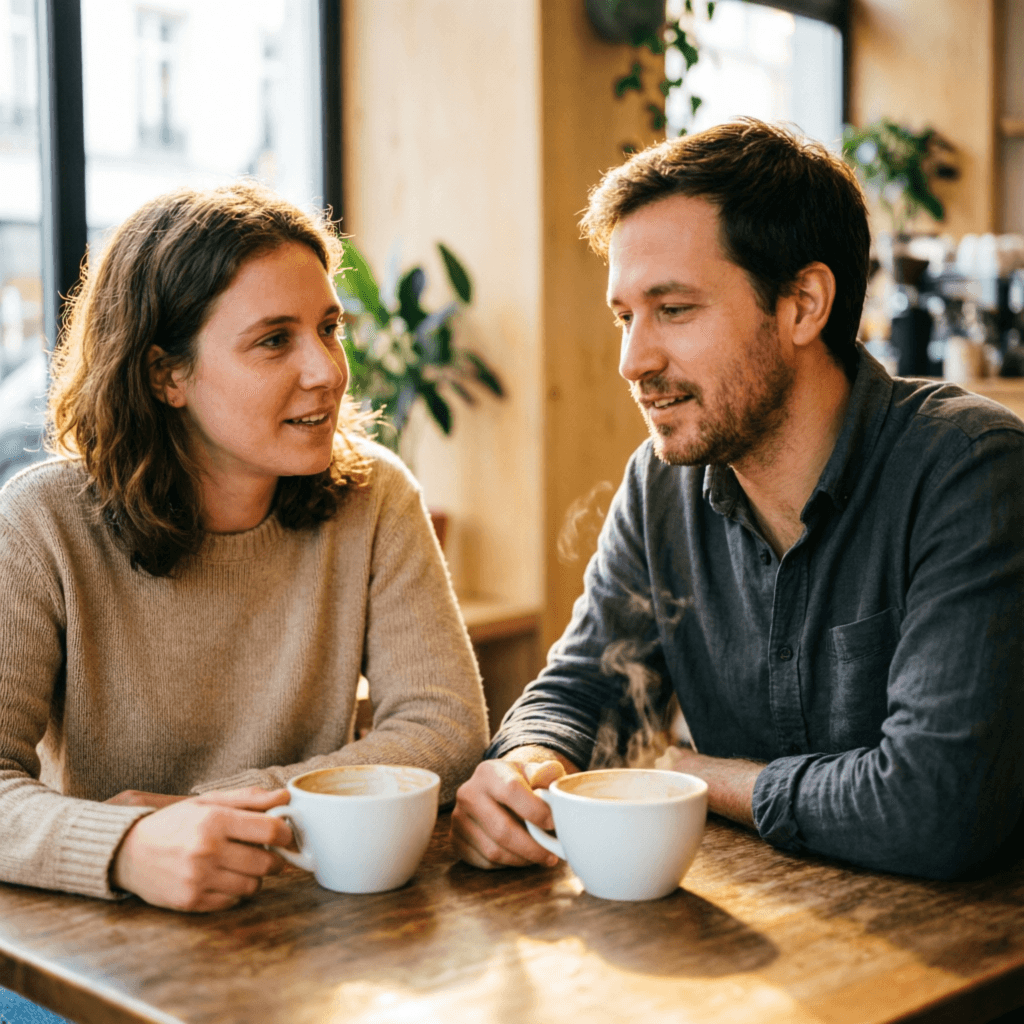 Two guests in conversation over coffee