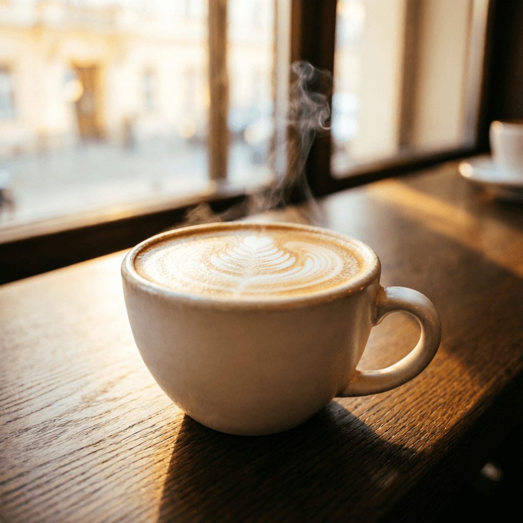 Flat white with latte art on an oak counter at NOIR & BEAN, Vienna