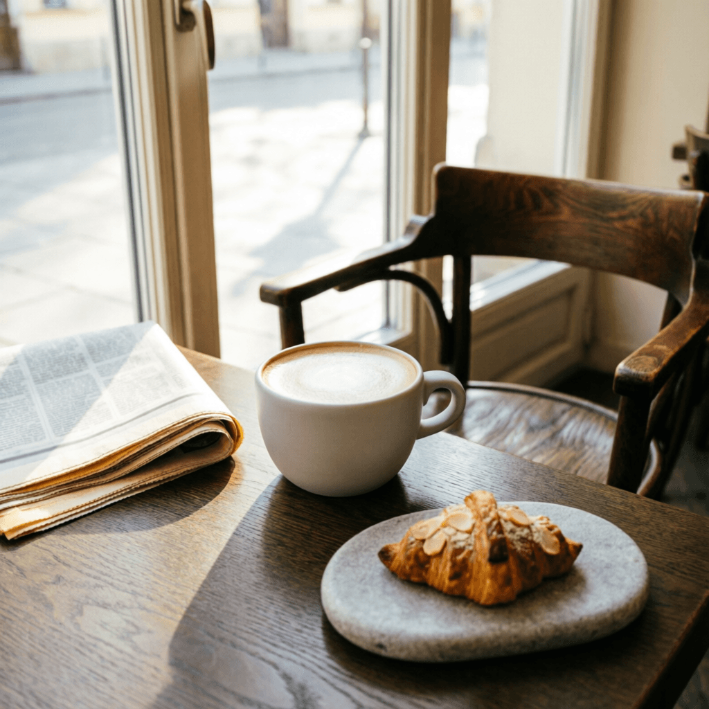 Morning table with flat white, newspaper and pastry