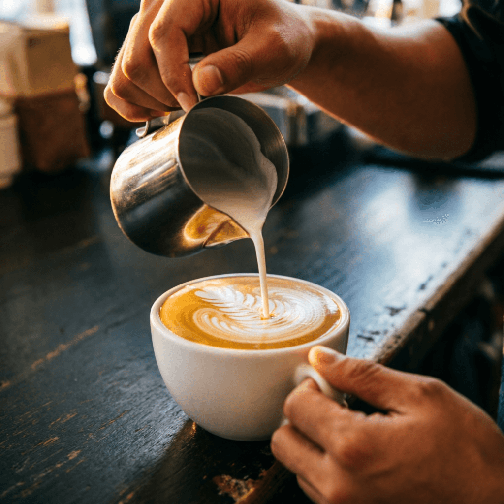 Barista pouring latte art at the NOIR & BEAN counter