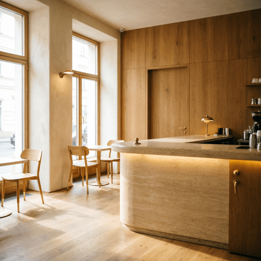 The NOIR & BEAN interior — oak, travertine and morning light