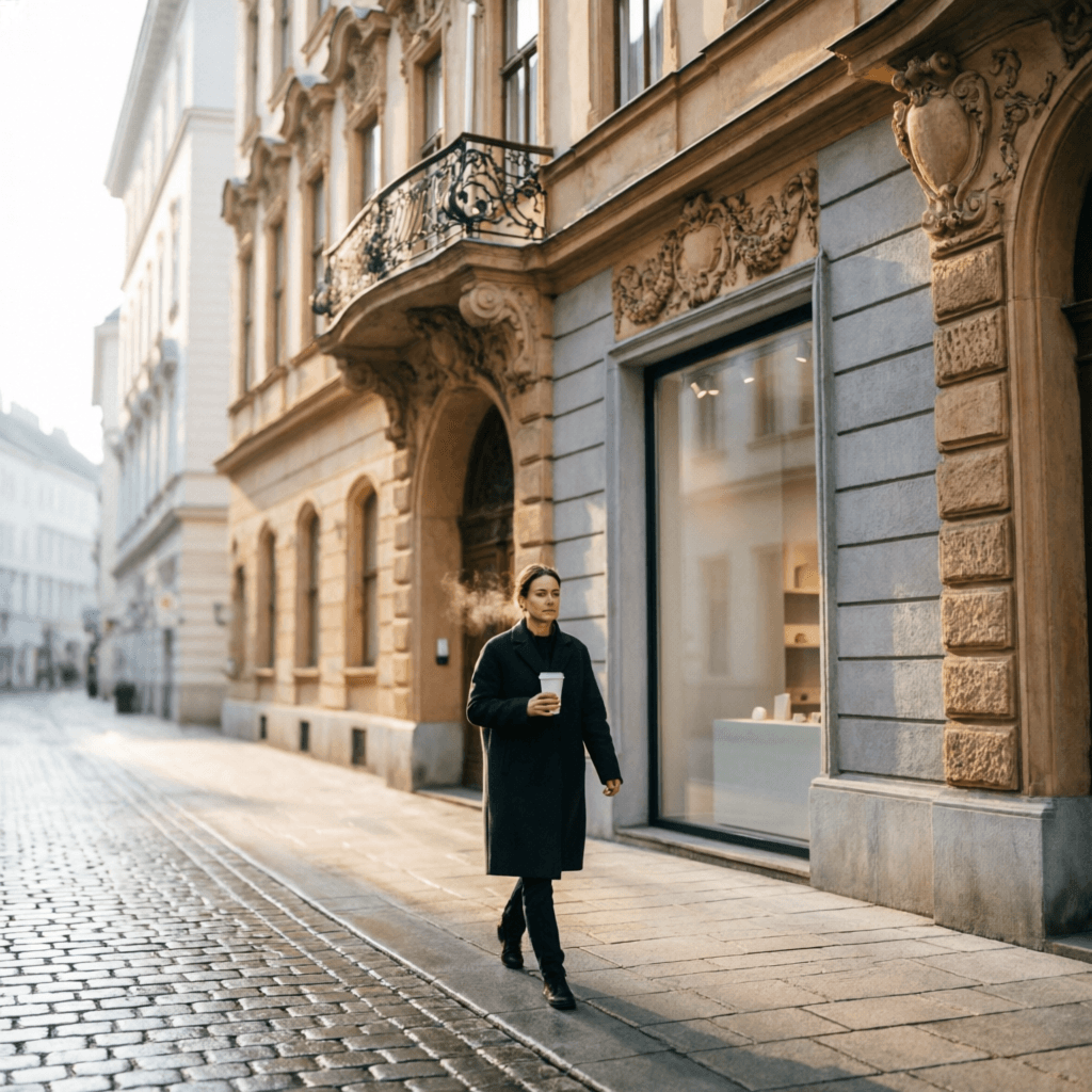 A quiet Vienna street in early morning light