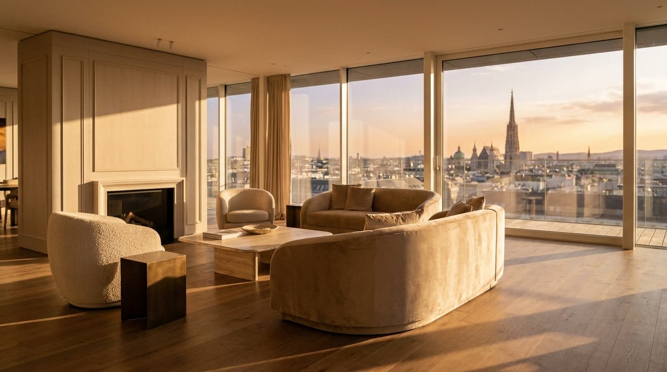 Living room of Velora Penthouse 01 at golden hour, overlooking the Vienna skyline