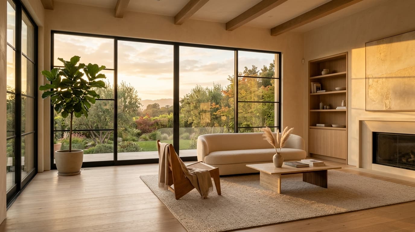 Warm minimalist living room at golden hour