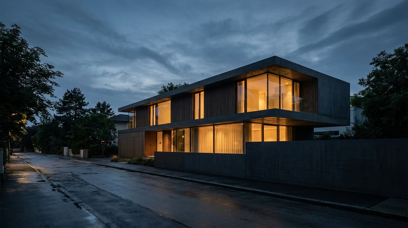 Modern Vienna residence at dusk with warmly lit interiors