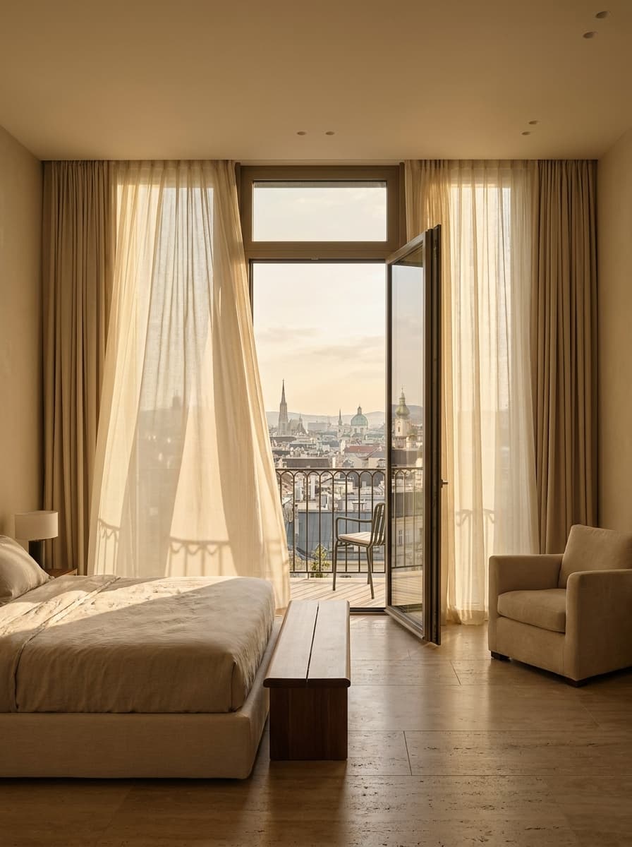 Bedroom with balcony door open to the Vienna skyline