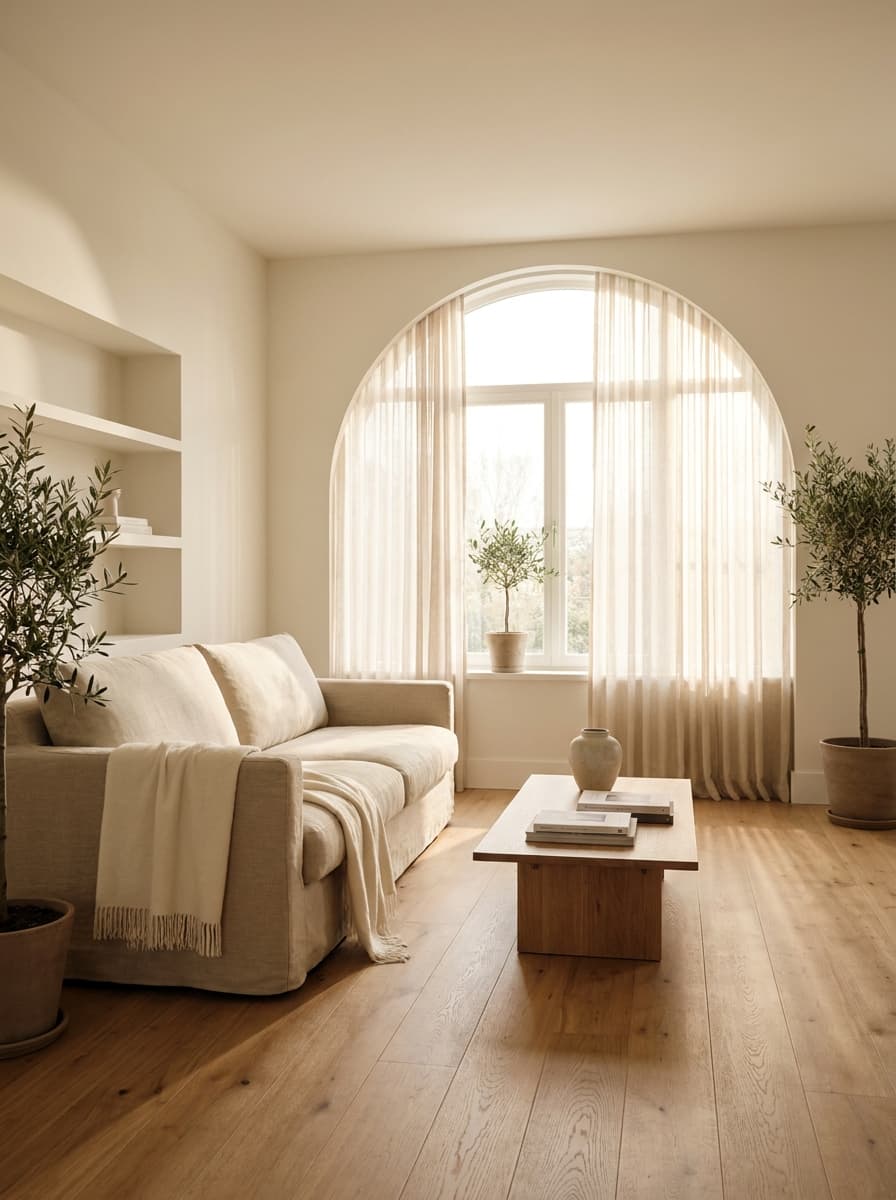 Bright minimalist living room in soft morning light