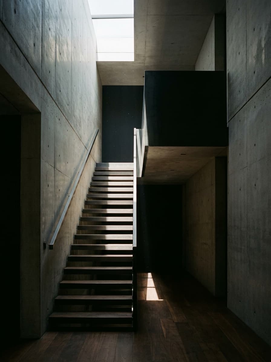 Dramatic double-height staircase with sculptural shadows