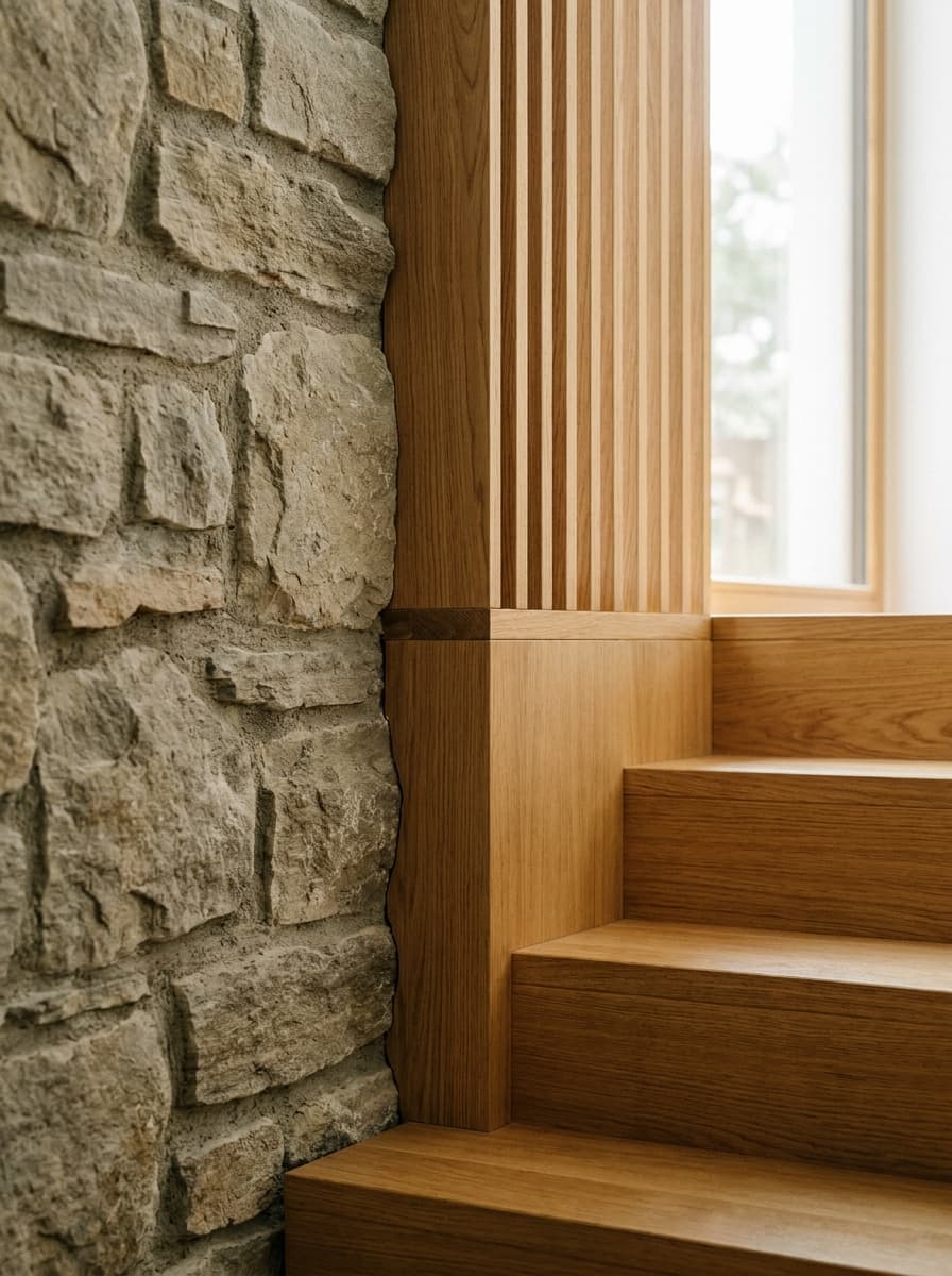 Detail of natural stone wall meeting warm oak millwork