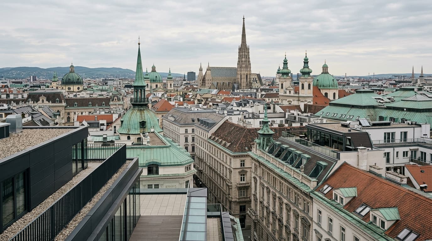Vienna rooftops seen from a modern rooftop terrace, historic spires in the distance