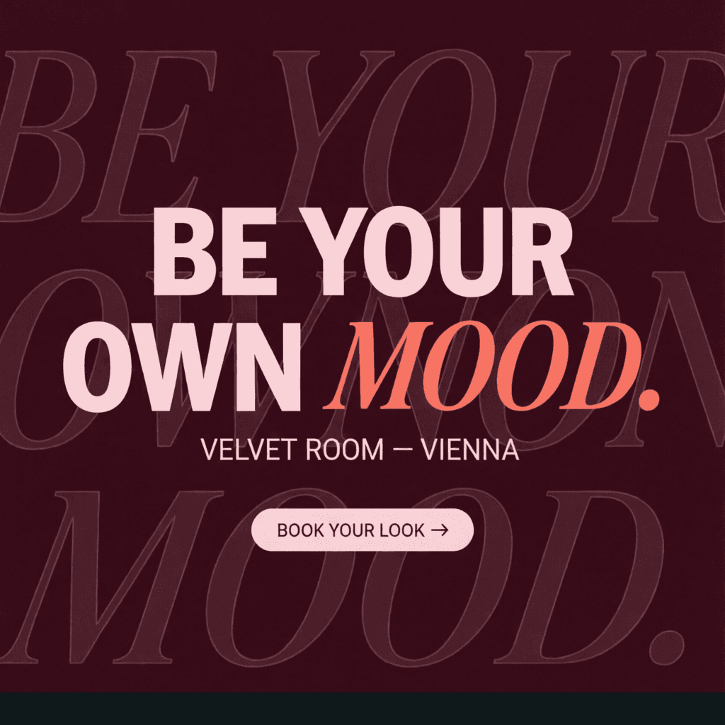 Finale screen — giant BE YOUR OWN MOOD typography on burgundy with outlined watermark words and BOOK YOUR LOOK pill button