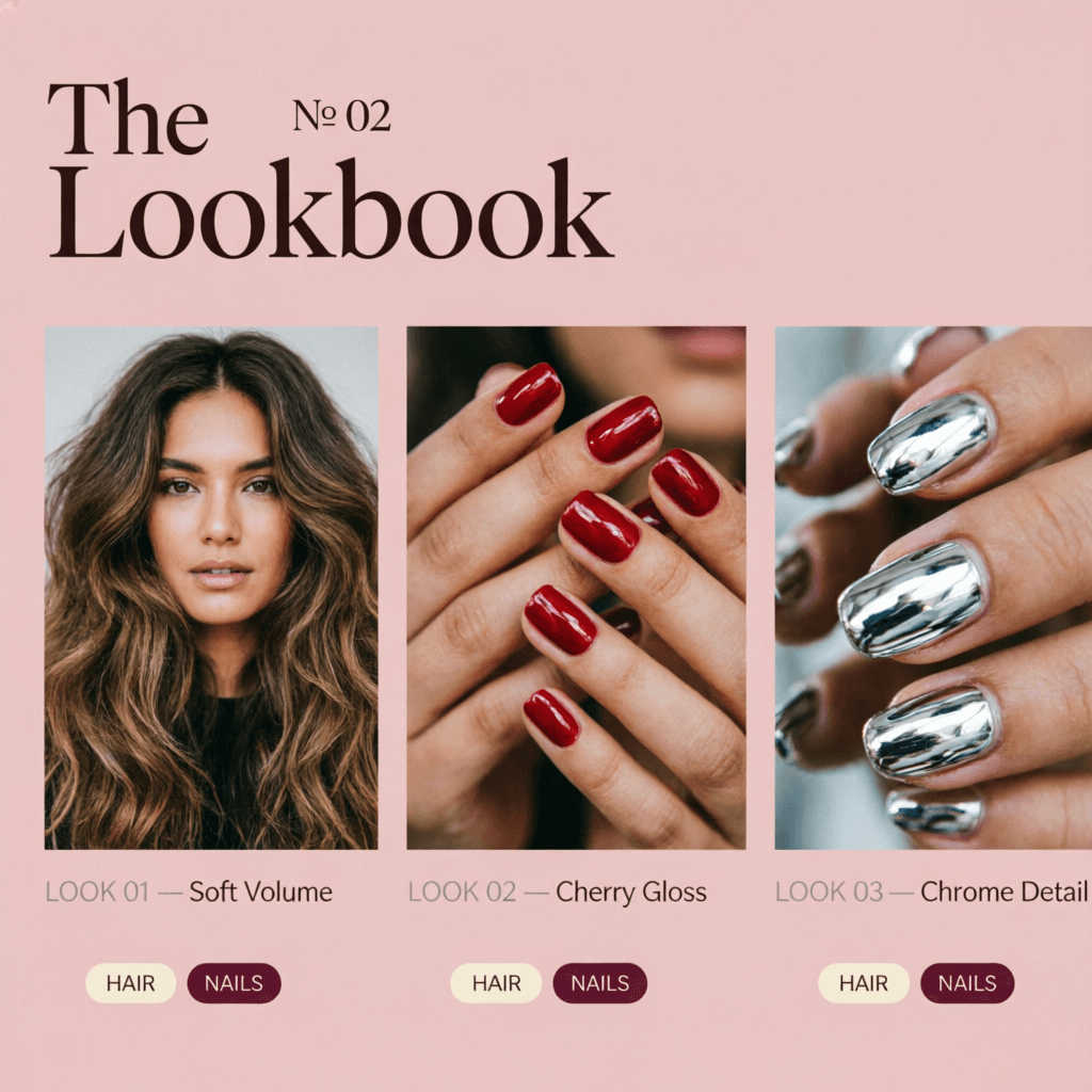 The Lookbook — powder pink horizontal gallery with three panels: Soft Volume hair, Cherry Gloss nails, Chrome Detail nails