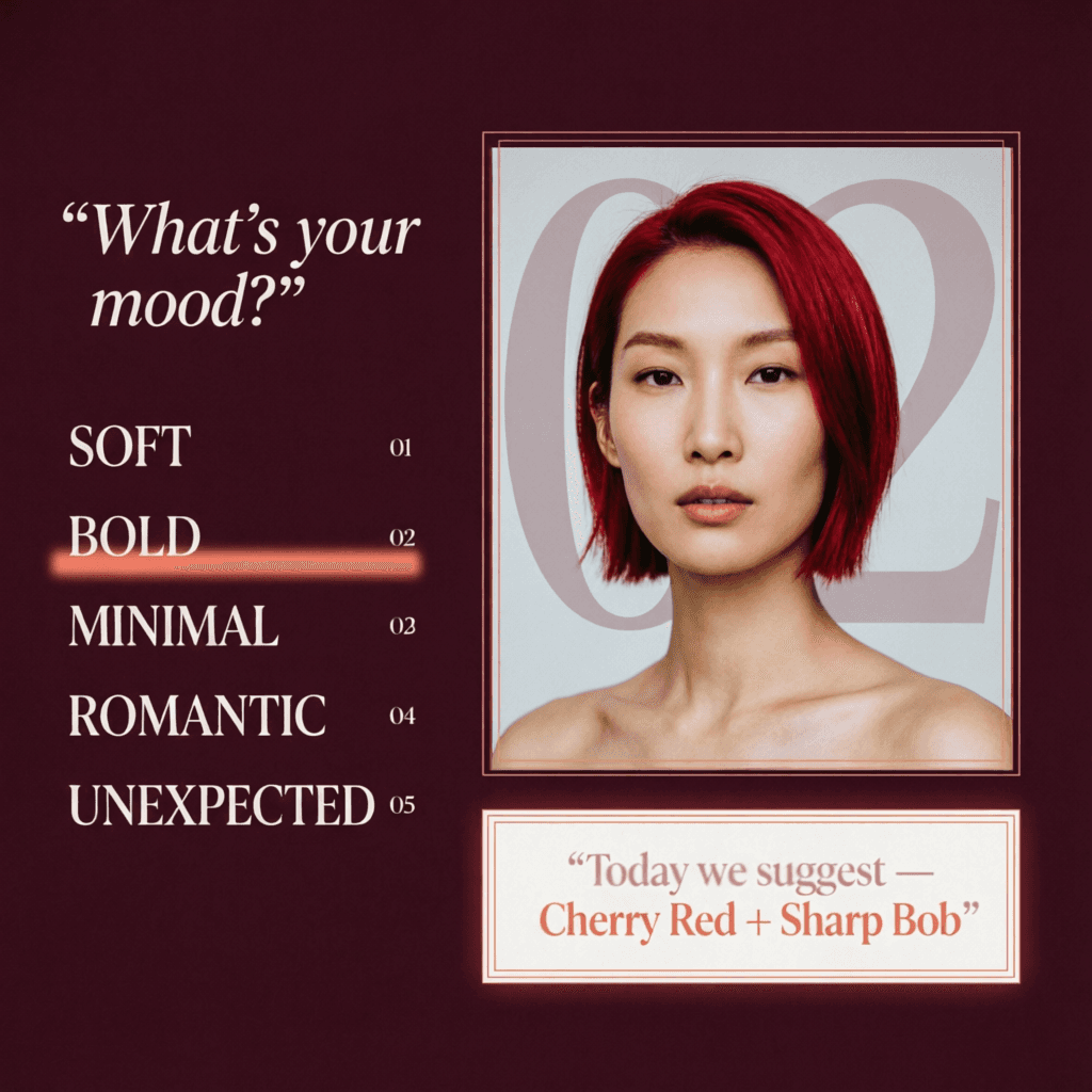 Mood selector on deep burgundy — mood list SOFT to UNEXPECTED with BOLD active, red bob portrait and suggestion card Cherry Red plus Sharp Bob