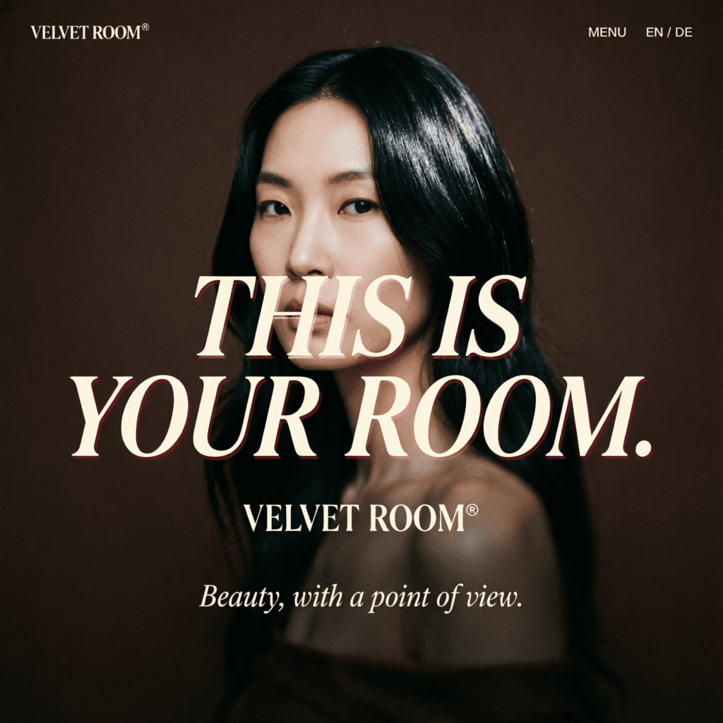 Opening sequence — dark espresso screen with oversized ivory serif type reading THIS IS YOUR ROOM over a moody fashion portrait