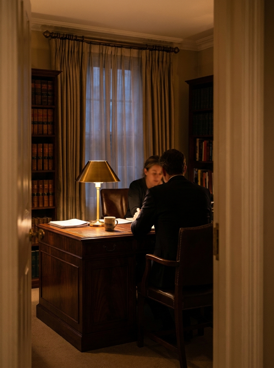 Advisor and client in quiet conversation across a dark wood table in a softly lit private office