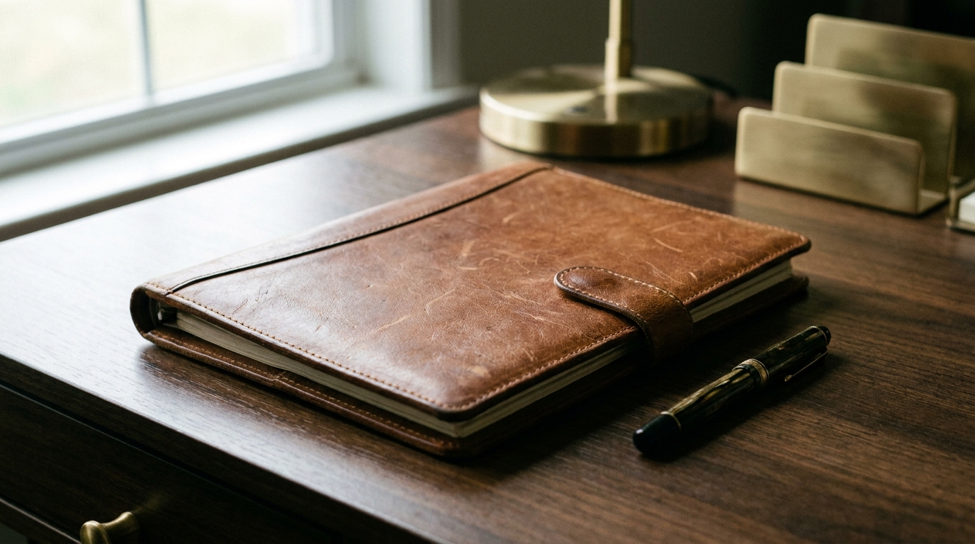 Detail of a leather portfolio folder and fountain pen on a dark wood desk in soft window light