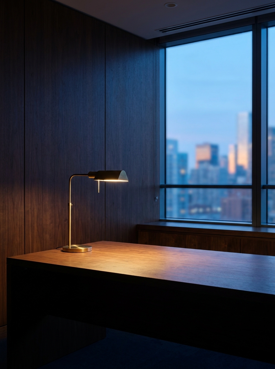 Quiet, minimal private office interior with dark wood and brass details at Kessler & Voss Vienna