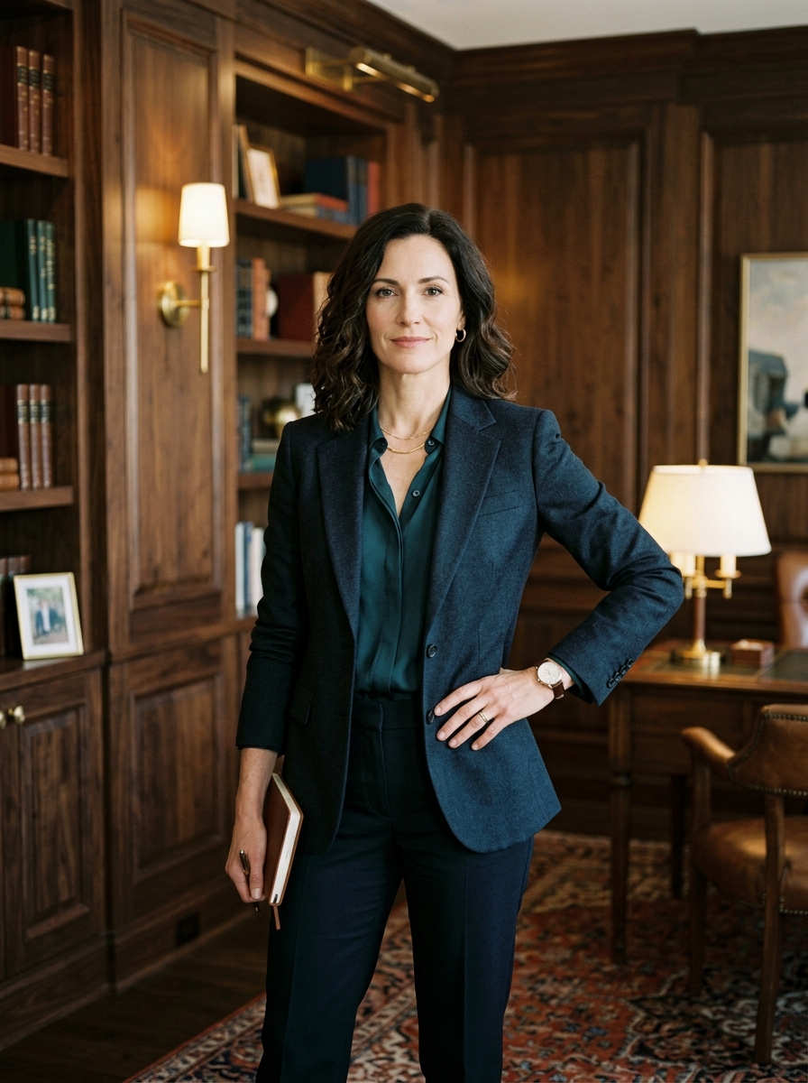 Portrait of Johanna Kessler, founding partner, in a softly lit private office with dark wood panelling