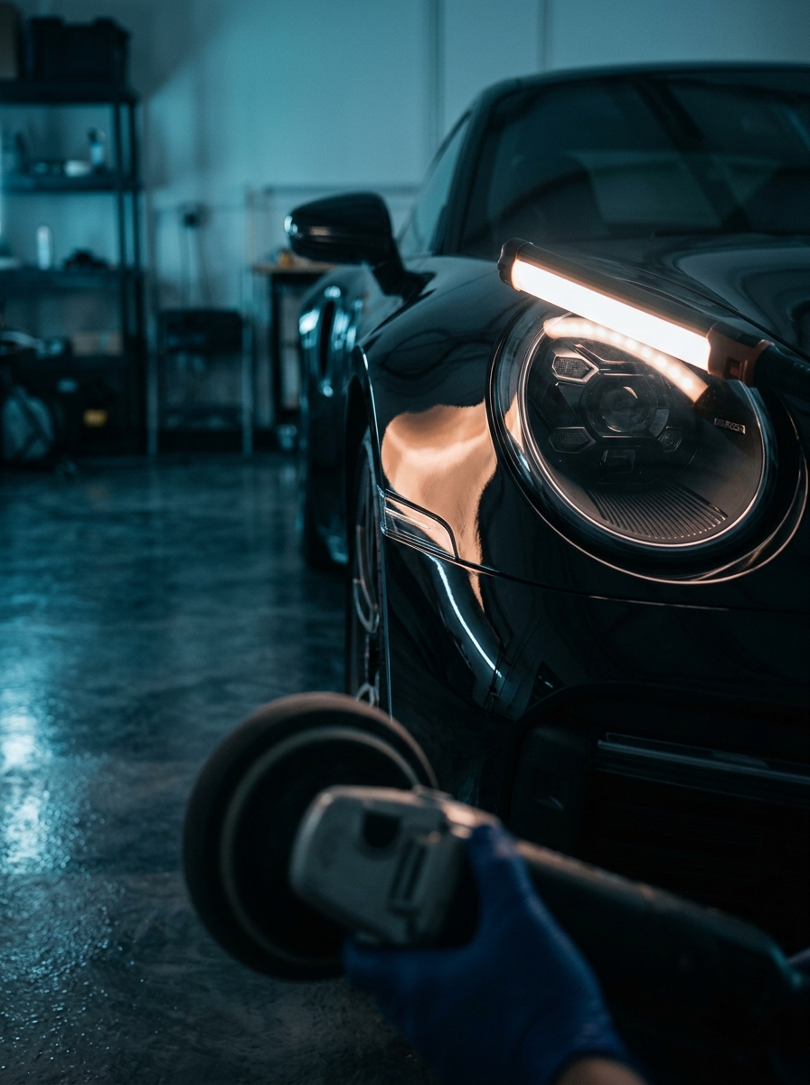 A vehicle mid-process on the lift at Obsidian Autowerk