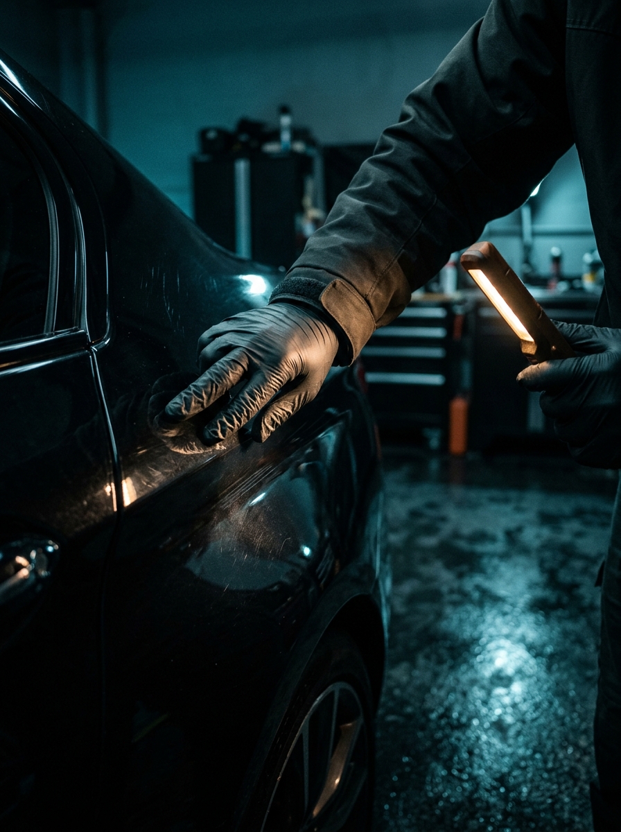 A technician inspecting paintwork under LED light at Obsidian Autowerk