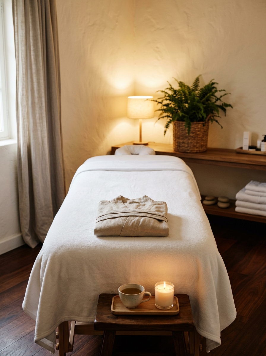 A prepared treatment space at THE ROOM, ready for a private guest
