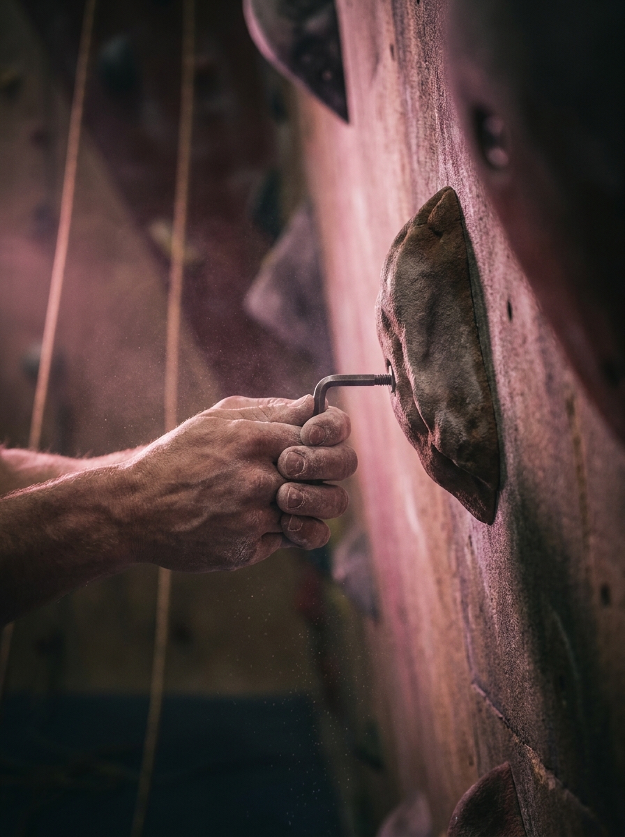 A route-setter checking a hold at VERTIKAL